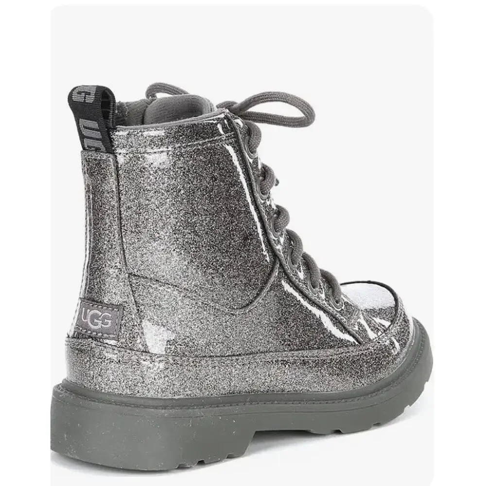 UGGs kid's Robley Glitter Combat Boot Silver Charcoal Glitter 1116377T, Sz US 6